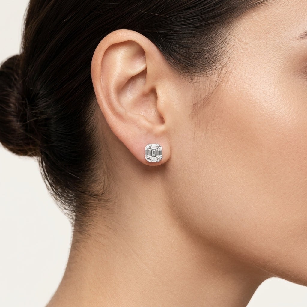 Emerald Cut Diamond Halo Stud Earrings