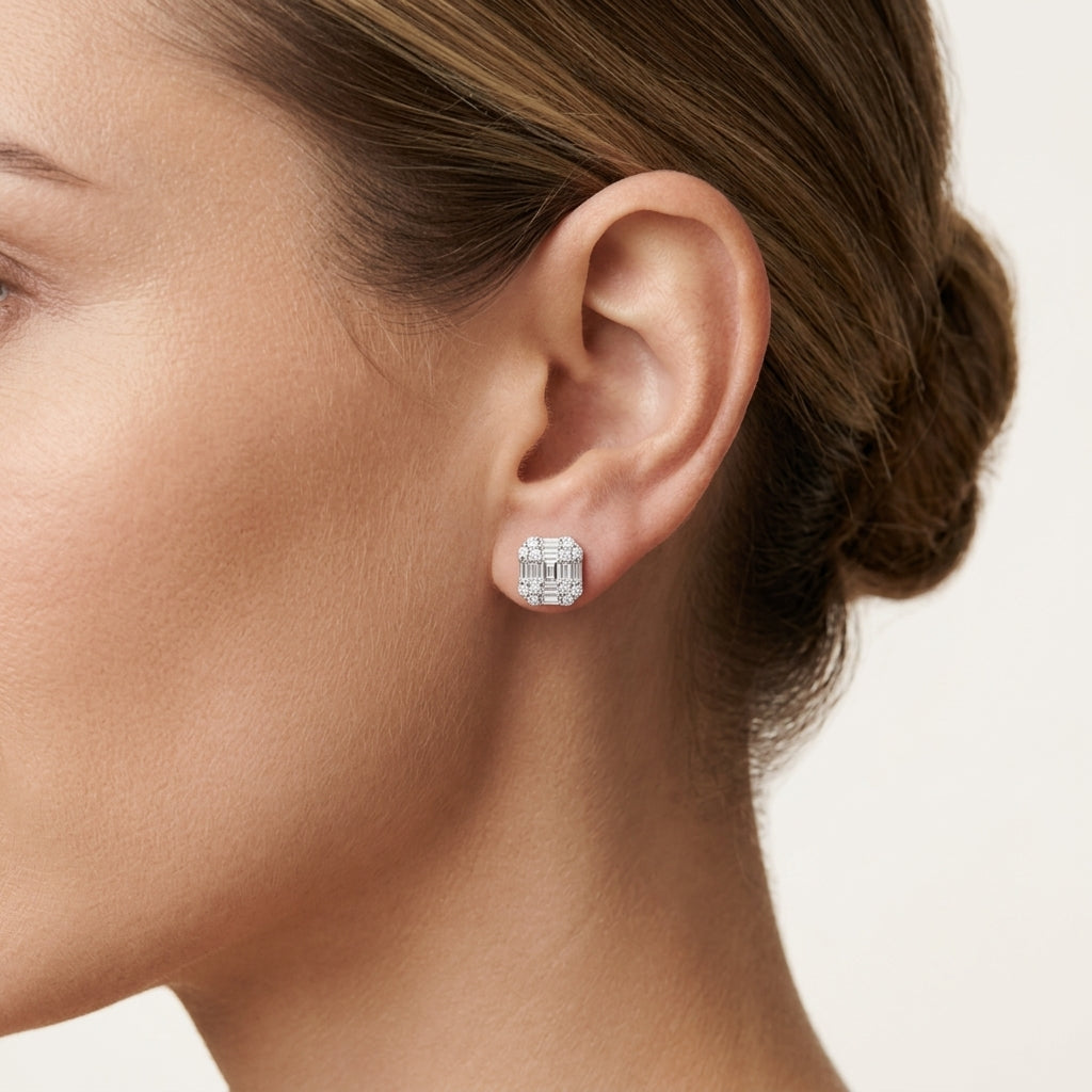 Emerald Cut Diamond Cluster Stud Earrings