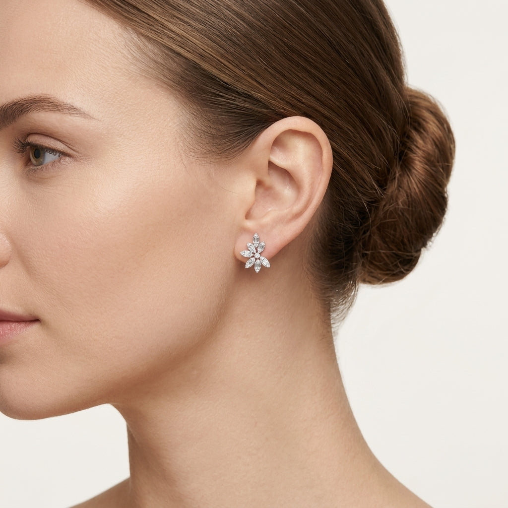 Baguette Diamond Flower Stud Earrings